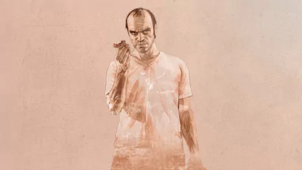 Trevor Philips from Grand Theft Auto V stands confidently with a weapon, set against a hazy background, showcasing his intense character in this HD PC desktop wallpaper.