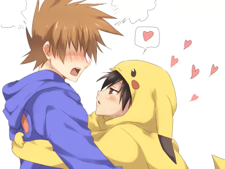 HD desktop wallpaper featuring Gary Oak and Ash Ketchum from Pokémon in a yaoi-themed scene. Ash, blushing, wears a Pikachu hoodie, gazes up at Gary who is also blushing, surrounded by hearts.