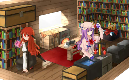 Patchouli Knowledge and Koakuma from Touhou are depicted in a cozy library setting, featuring bookshelves, a desk, and vibrant colors, blending anime with Minecraft aesthetics.