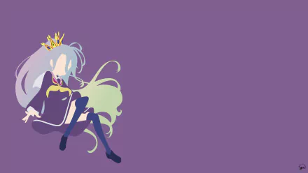 A minimalist anime depiction of Shiro from No Game No Life, featuring her with long grey hair, a crown, and a purple dress, set against a simple purple background.