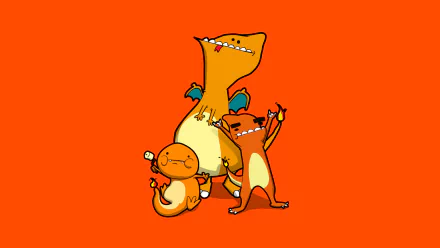 A vibrant HD desktop wallpaper featuring Charmeleon, Charmander, and Charizard from Pokémon, showcasing the iconic trio against a bold orange background.