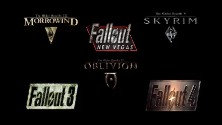 HD PC desktop wallpaper featuring logos from Bethesda video games including The Elder Scrolls III: Morrowind, IV: Oblivion, V: Skyrim, and Fallout 3, New Vegas, and 4.