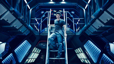 HD desktop wallpaper featuring Steven Strait as James Holden from the TV show The Expanse, standing confidently in a futuristic spaceship interior.