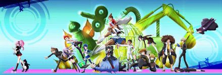 A vibrant HD desktop wallpaper featuring characters from the anime Danganronpa against a colorful backdrop, showcasing their distinctive styles and dramatic poses.