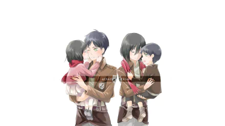 A HD desktop wallpaper featuring Mikasa Ackerman and Eren Yeager from the anime Attack on Titan, illustrating a tender moment with them holding children.