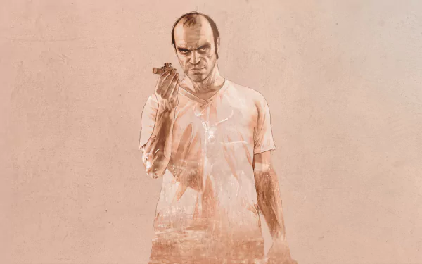Trevor Philips from Grand Theft Auto V stands confidently with a weapon, set against a hazy background, showcasing his intense character in this HD PC desktop wallpaper.
