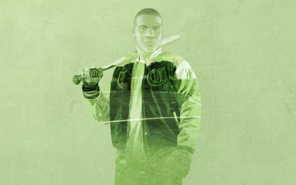 A dynamic HD wallpaper featuring Trevor Philips from Grand Theft Auto V, showcasing him in a green-toned scene while holding a baseball bat.