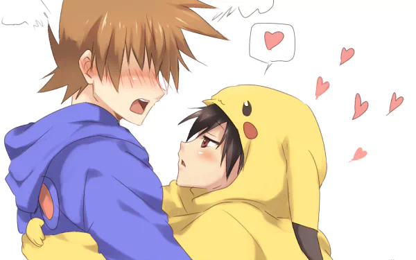 HD desktop wallpaper featuring Gary Oak and Ash Ketchum from Pokémon in a yaoi-themed scene. Ash, blushing, wears a Pikachu hoodie, gazes up at Gary who is also blushing, surrounded by hearts.