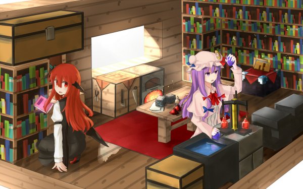 Anime Touhou Long Hair Purple Hair Red Hair Red Eyes Book Minecraft Video Game Hat Koakuma Patchouli Knowledge HD Wallpaper | Background Image