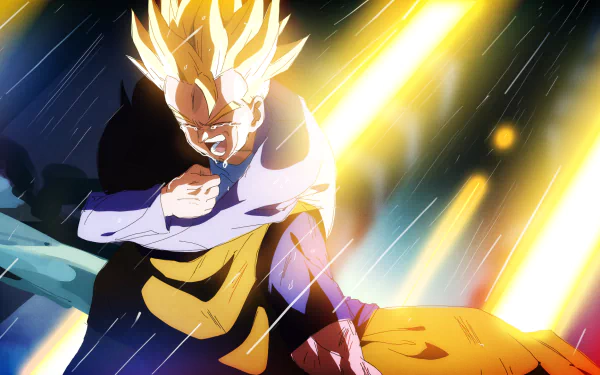 HD Dragon Ball Z PC wallpaper featuring a powerful Super Saiyan Trunks emitting glowing energy beams in an intense anime battle scene.