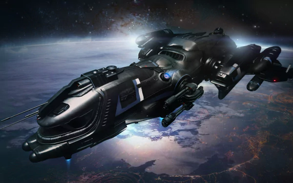 HD PC desktop wallpaper featuring a detailed spaceship orbiting a planet in space, inspired by the video game Star Citizen.