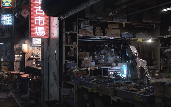A high-definition sci-fi desktop wallpaper featuring a robot working amidst a cluttered, neon-lit market setting, blending futuristic elements with a gritty, urban atmosphere.