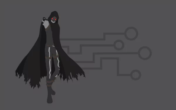 An HD desktop wallpaper featuring Death Gun from Sword Art Online II, depicted in a dramatic pose with a flowing cloak against a sleek, minimalistic background.