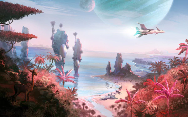 A vibrant fantasy landscape featuring a spaceship soaring above colorful plants and a serene coastline, set against a massive planet in the sky, inspired by No Man's Sky.