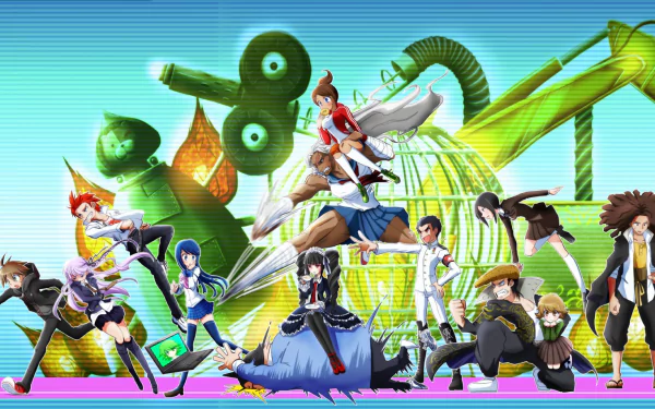 A vibrant HD desktop wallpaper featuring characters from the anime Danganronpa against a colorful backdrop, showcasing their distinctive styles and dramatic poses.