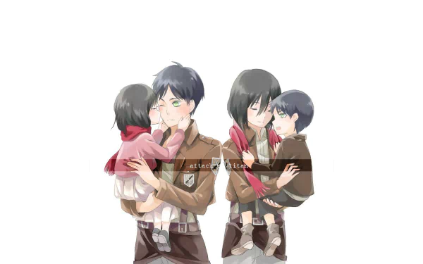 A HD desktop wallpaper featuring Mikasa Ackerman and Eren Yeager from the anime Attack on Titan, illustrating a tender moment with them holding children.