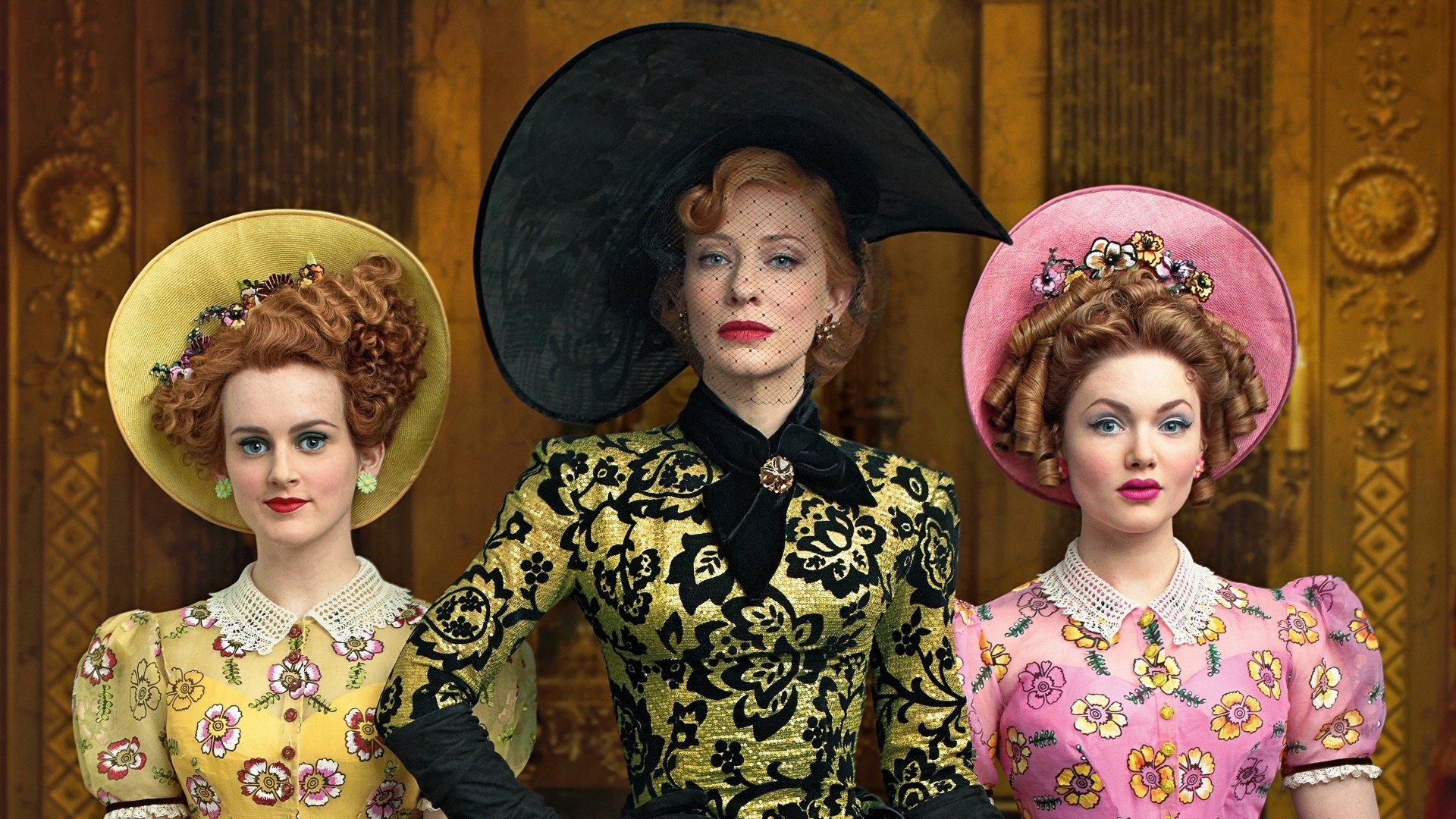 HD PC desktop wallpaper from Cinderella (2015): three elaborately dressed women in patterned gowns and wide-brim hats posed before a carved wooden backdrop.