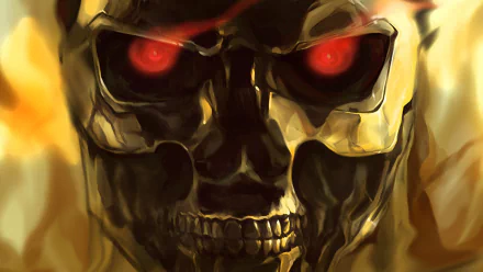 HD PC desktop wallpaper featuring the menacing close-up of the Terminator endoskeleton with glowing red eyes from the movie Terminator 2: Judgment Day.