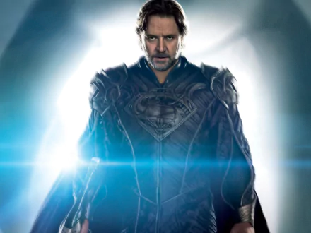 HD desktop wallpaper of Russell Crowe as Jor-El from the movie Man of Steel, featuring a glowing, intense portrait with a futuristic blue light effect.
