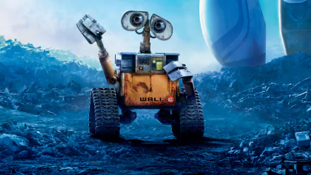 Wall·E, the charming robot from the animated movie, stands amidst a vibrant, post-apocalyptic landscape, ready to explore the remnants of Earth in this captivating HD desktop wallpaper.
