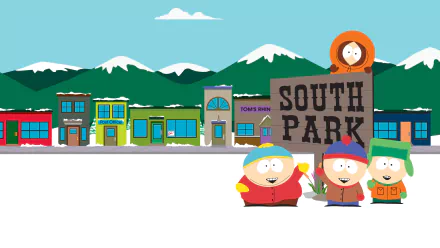 4K Ultra HD South Park desktop wallpaper featuring Kyle Broflovski, Stan Marsh, Eric Cartman, and Kenny McCormick in the snowy mountain town setting.