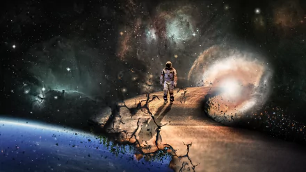An astronaut stands on a surreal road amidst a colorful wormhole and cosmic backdrop, showcasing the beauty of space and the dreamlike essence of Sci-Fi. HD wallpaper for stunning visuals.