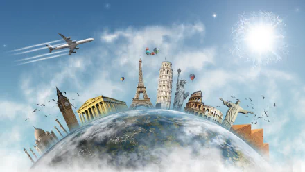 Artistic HD desktop wallpaper featuring iconic landmarks including the Eiffel Tower, Statue of Liberty, Big Ben, Taj Mahal, and more, with an airplane flying over a sunlit Earth.