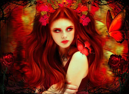 A fantasy-themed HD wallpaper featuring a woman with flowing red hair adorned with flowers, surrounded by red roses and butterflies, creating a vibrant, enchanting atmosphere.