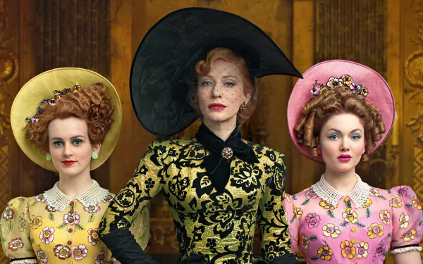 HD PC desktop wallpaper from Cinderella (2015): three elaborately dressed women in patterned gowns and wide-brim hats posed before a carved wooden backdrop.