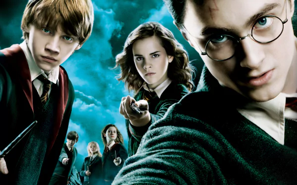 A dynamic HD wallpaper from Harry Potter and the Order of the Phoenix, featuring Harry, Ron, and Hermione ready for action against a dramatic backdrop.