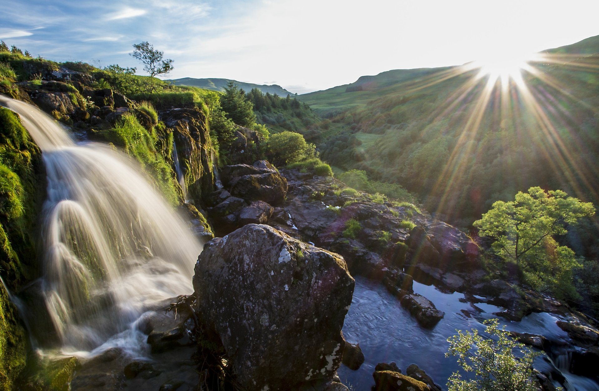 Download Sunbeam Waterfall Nature Loup Of Fintry Waterfall 4k Ultra HD Wallpaper