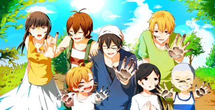 A vibrant HD wallpaper featuring Naru Kotoishi and friends from the anime Barakamon, showcasing playful expressions and handprints against a bright, cheerful background.