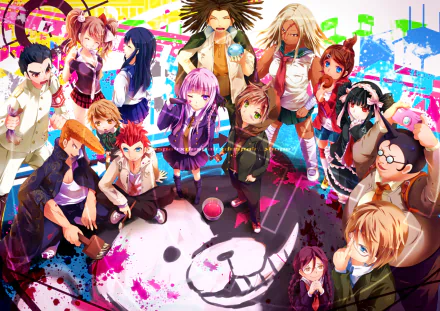 Vibrant HD desktop wallpaper featuring characters from Danganronpa, set against a colorful splash background, capturing the essence of the anime's intense atmosphere and style.