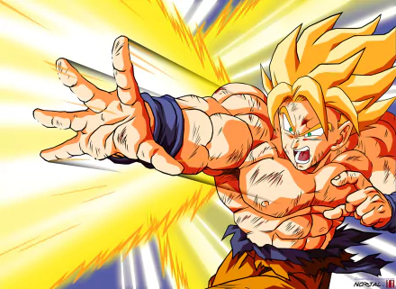 Vibrant HD wallpaper featuring Goku from Dragon Ball Z, showcasing his iconic transformation and powerful energy attack against a dynamic, colorful backdrop.