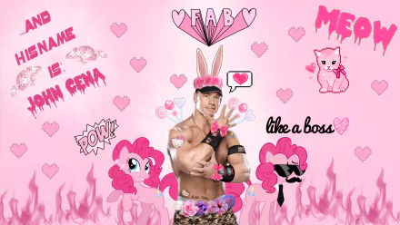 A vibrant HD wallpaper featuring John Cena surrounded by playful Pinkie Pie elements, hearts, and whimsical graphics, creating a fun and energetic backdrop.