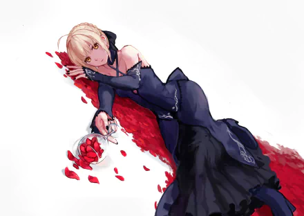 Anime character Saber Alter from Fate/Stay Night with short blonde hair and yellow eyes, wearing a black dress. She is lying down with red rose petals scattered around her in this HD desktop wallpaper.