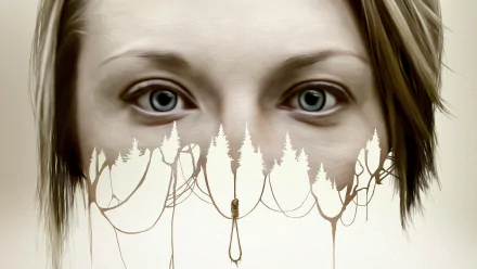 Close-up of Natalie Dormer's eyes above a graphic of barren trees and a noose, from the movie The Forest, rendered as a 4K Ultra HD PC desktop wallpaper.