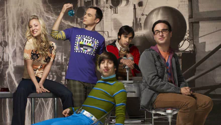 HD desktop wallpaper featuring Howard Wolowitz, Leonard Hofstadter, Raj Koothrappali, Sheldon Cooper, and Penny from The Big Bang Theory TV show.