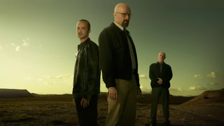 HD desktop wallpaper featuring Breaking Bad characters Mike Ehrmantraut, Jesse Pinkman, and Walter White, portrayed by Jonathan Banks, Aaron Paul, and Bryan Cranston.