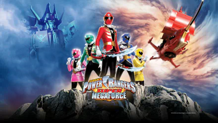 A vibrant HD wallpaper featuring the Power Rangers from Power Rangers Super Megaforce, showcasing the team in action against a dramatic background.