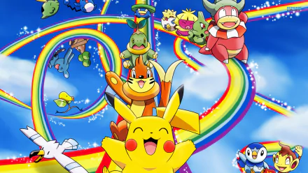 HD PC desktop wallpaper featuring vibrant anime-style Pokémon characters joyfully soaring along rainbow trails in a bright blue sky.