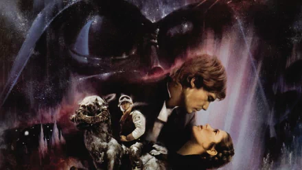 HD Star Wars Episode V: The Empire Strikes Back wallpaper featuring Luke Skywalker, Darth Vader, Princess Leia Organa, Han Solo, and a Tauntaun against a cosmic backdrop.