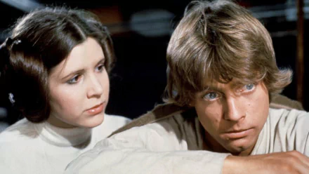 HD desktop wallpaper: Princess Leia Organa and Luke Skywalker from Star Wars Episode IV: A New Hope, close-up portrait with thoughtful, determined expressions.