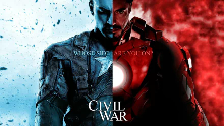 HD desktop wallpaper from the movie Captain America: Civil War, featuring split images of Iron Man and Captain America with the text Whose side are you on? in the center.