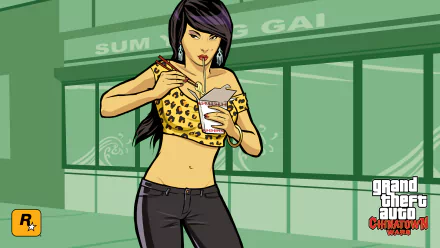 HD PC desktop wallpaper of Grand Theft Auto: Chinatown Wars — stylized female character eating takeout in front of a green storefront, game logo in the corner.