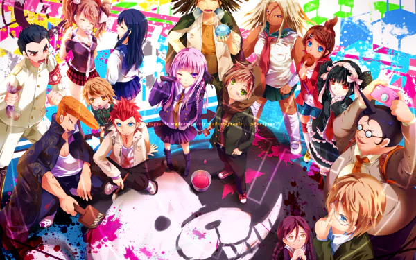 Vibrant HD desktop wallpaper featuring characters from Danganronpa, set against a colorful splash background, capturing the essence of the anime's intense atmosphere and style.