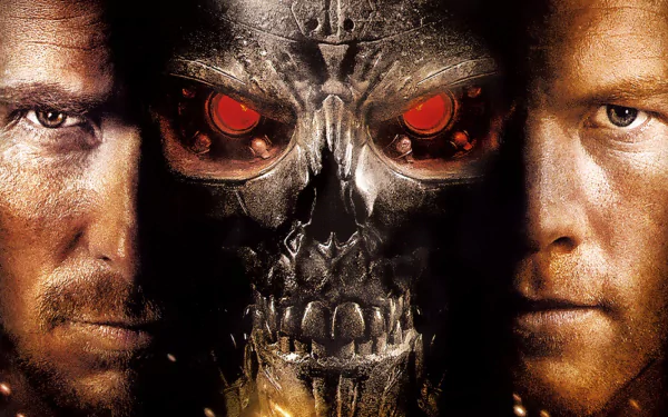 HD desktop wallpaper featuring Sam Worthington and Christian Bale with a menacing Terminator skull from the movie Terminator Salvation.