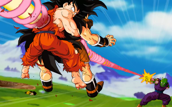 HD desktop wallpaper featuring Piccolo firing an energy beam at Goku while being restrained by Raditz in a dramatic scene from Dragon Ball Z. Bright sky and vivid colors enhance the intense battle atmosphere.