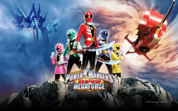 A vibrant HD wallpaper featuring the Power Rangers from Power Rangers Super Megaforce, showcasing the team in action against a dramatic background.
