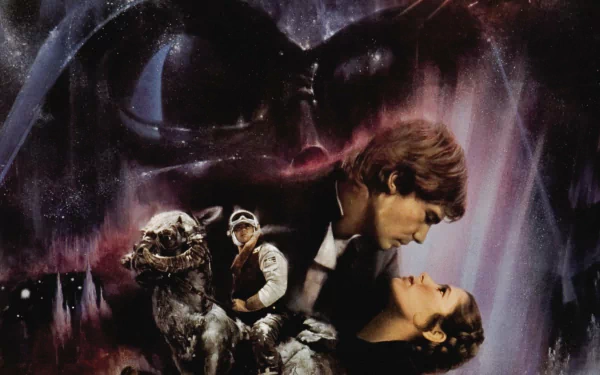 HD Star Wars Episode V: The Empire Strikes Back wallpaper featuring Luke Skywalker, Darth Vader, Princess Leia Organa, Han Solo, and a Tauntaun against a cosmic backdrop.